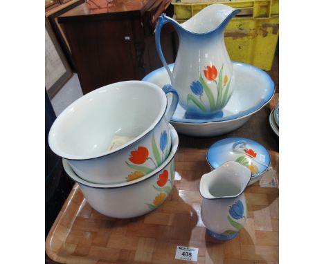 Six piece Falcon ware bathroom set comprising: jug and basin; toothbrush holder; chamber pot etc.(B.P. 24% incl. VAT)