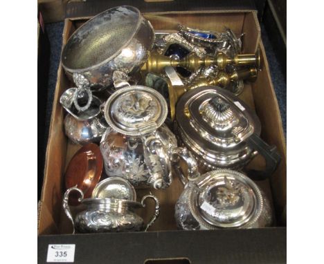 Tray of assorted metalware to include: silver plated tea service with bird of prey finial; pair of brass candlesticks; silver