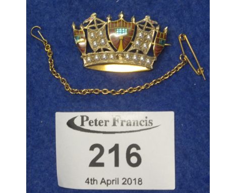9ct gold, enamel and seed pearl crown design bar brooch, initials: J.W.B. to reverse.(B.P. 24% incl. VAT) 