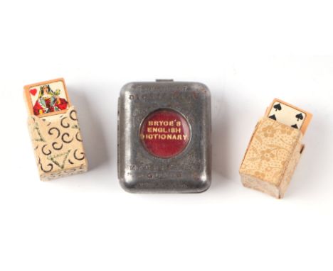 Two set of antique miniature playing cards; together with a Bryce's miniature English dictionary in a metal case with magnify