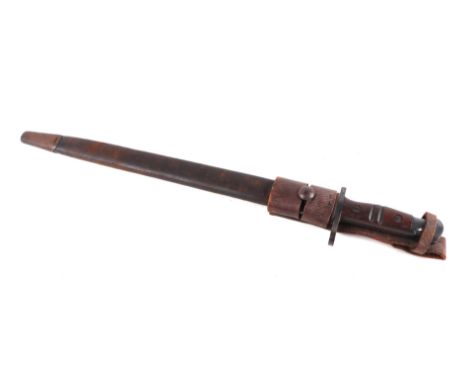 A WWI bayonet with 44cms double fuller steel blade with leather scabbard and frog.