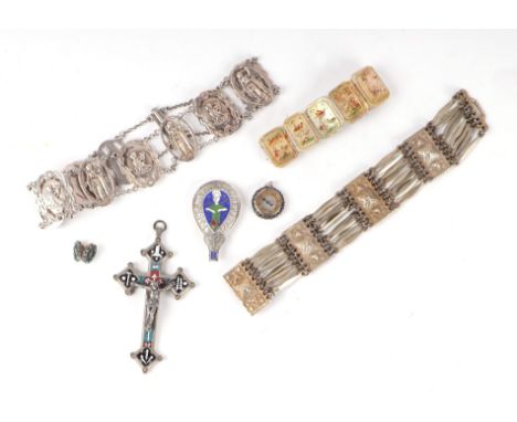 A silver and enamel copy of the Alfred jewel; a Persian mother of pearl panel bracelet; a micromosaic crucifix; a fob compass