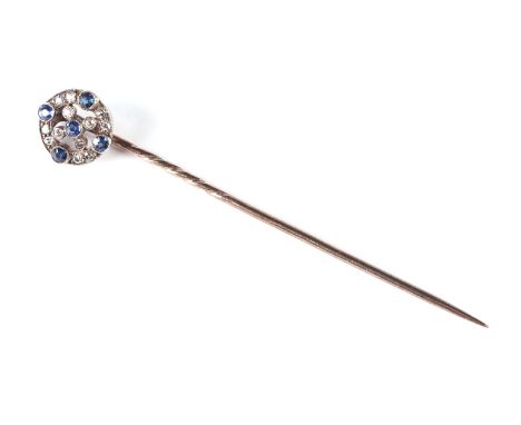 A Victorian unmarked gold sapphire and diamond set stick pin, 2.1g.