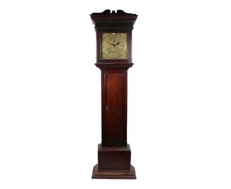 A longcase clock with 30cms square brass dial, the chapter ring with Roman and Arabic numerals, with subsidiary seconds dial 