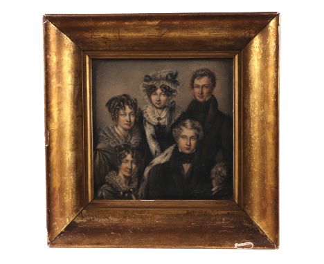 A 19th century finely drawn crayon portrait miniature group of six family members, many family details of the sitters to vers