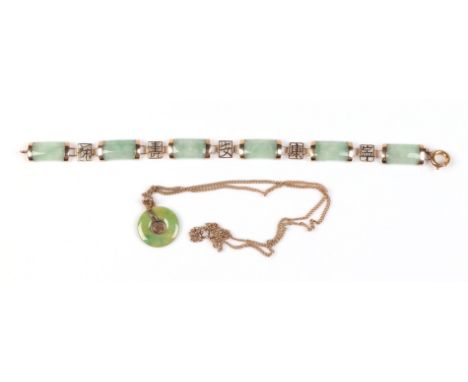 A 14ct gold jade panel bracelet; together with another 14ct pendant on a 9ct gold chain.