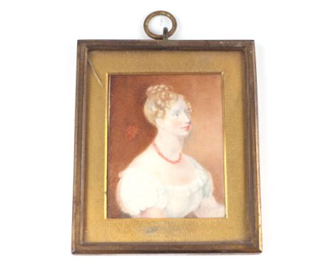 A 19th century portrait miniature on ivory depicting Mrs Langham, framed & glazed, 6 by 8cms.  Ivory Submission reference 32H