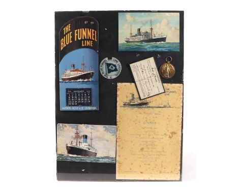 A group of Blue Funnel Line memorabilia including an ex captain open ticket, and a WWI Victory medal, named to the same man, 