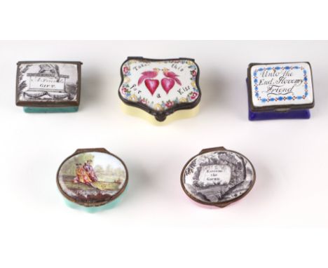A group of Bilson enamel and similar enamel patch boxes, one with motto 'Unto The End Hove My Friend' and another 'Take This 
