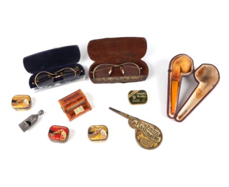 The Pistol Flashmeter magnesium ribbon holder; together with a Meerschaum pipe; a group of gramophone needle cases and other 