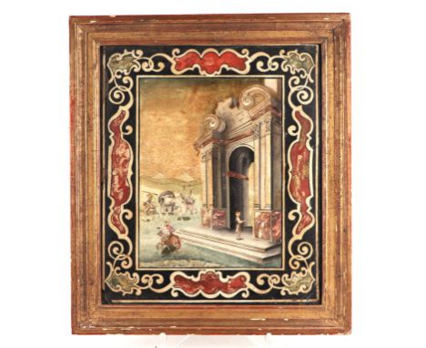 An Indo Persian / Ottoman painting on marble depicting horseback riders hunting an elephant beside an architectural arch, wit