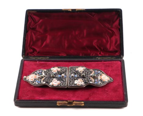 A paste set white metal and enamel buckle in the 18th century style, 14cms wide, in an associated box.