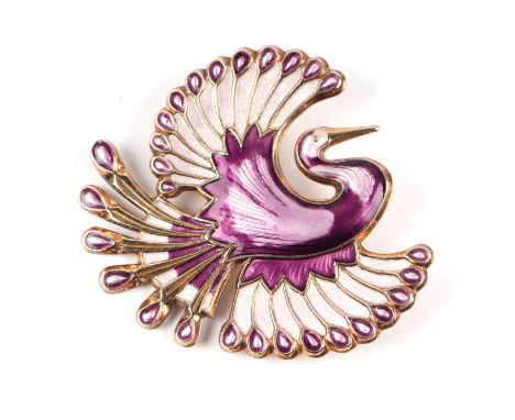 A Norwegian David Andersen purple enamel Bird of Paradise brooch in a David Andersen jewellery box, 5cm wide. 