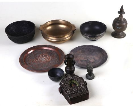 A Tibetan white metal and copper Ghau amulet box, a Japanese bronze miniature vase, a Persian dish and an Islamic copper dish