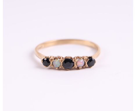 A 9ct gold sapphire and opal ring, approx UK size 'P', 1.6g.