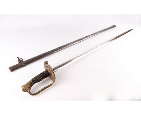 A mid 19th century French Light infantry officers sword, model 1845/55 in its steel scabbard. Having a double edged straight 