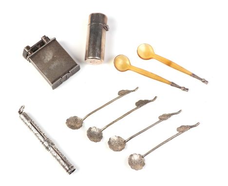 A quantity of silver items to include a propelling pencil; mustard spoons and other items including a Dunhill silver plated l