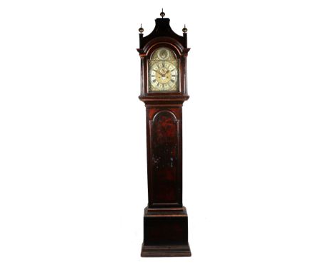 A longcase clock, the 30cms square arch dial with silvered chapter ring with Roman and Arabic numerals, the arch with subsidi