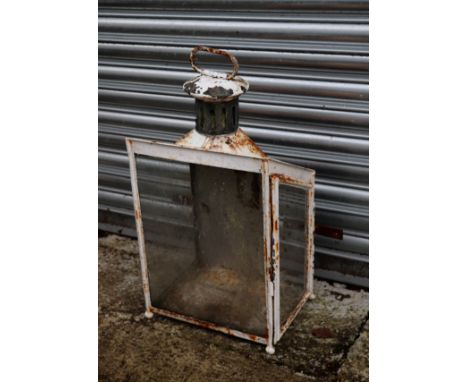 Railway interest.  A railway white painted metal and glazed lantern with chimney and carrying handle, 37cms wide.