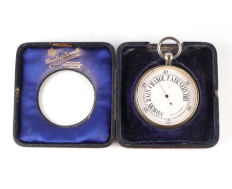 A late 19th / early 20th century nickel cased pocket barometer, cased, 6.5cms diameter.