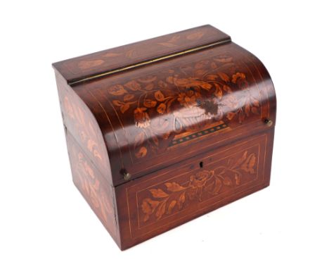 A 19th century Dutch marquetry table-top decanter box, the domed top opening to reveal six square form decanters with gilt de