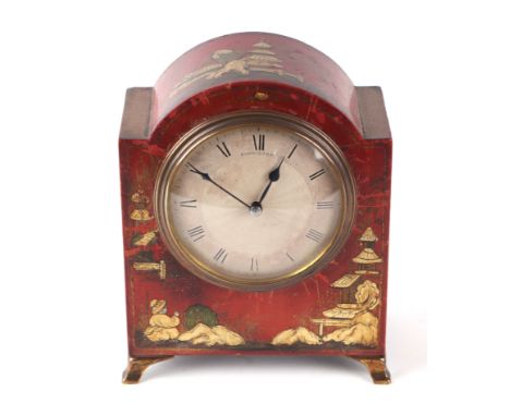 A late 19th / early 20th century French mantle clock, the silvered dial with Roman numerals, in a chinoiserie lacquer case, r