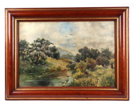 Late 19th century English school - River Scene with Figures Walking on the River Bank - oil on canvas, 47 by 33cms, framed.
