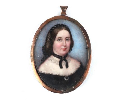 A 19th century oval portrait miniature depicting a lady wearing a ribbon necklace, painted on ivory, 5cm by 6.5cm.  Ivory Sub