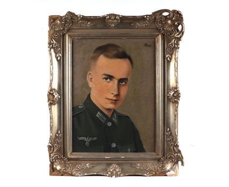 Military interest.  Peters - Portrait of a German Soldier - signed upper right, oil on board, framed, 28 by 39cms.