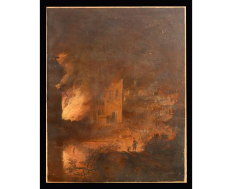 Follow of Dirck Verhaert (1610-1675) - Nocturnal Scene with Figures by a Burning Castle - oil on canvas, unframed, 120cm by 9