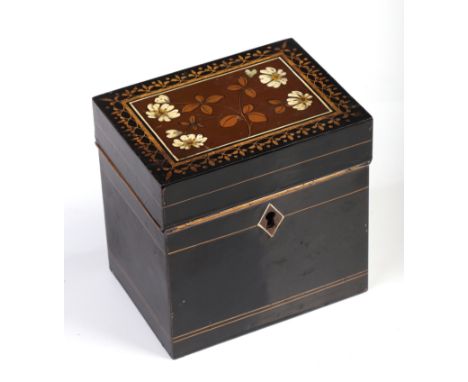 A Victorian tollware two division tea caddy with foliate and gilt decoration, 13cm by 9cm by 12cm high 