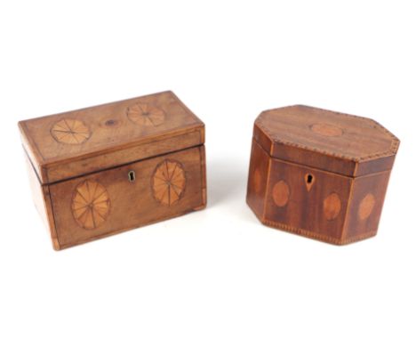 A Regency mahogany tea caddy with floret inlaid decoration, 18cms wide; together with another similar with Tunbridgeware and 
