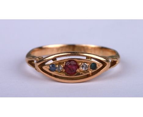 An Edwardian 18ct gold gypsy type ring set with diamonds, sapphires and a ruby, approx UK size 'K', 2g