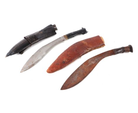 A Kukri with leather scabbard, 42cms long; together with another similar (2).Condition ReportThe kukri blade is marked 'DHARA