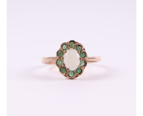 A 9ct gold opal and emerald cluster ring, approx UK size 'M', 2g.