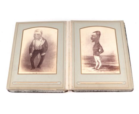 A late Victorian Indian photograph album containing photographic postcards depicting caricatures of gentlemen in various purs