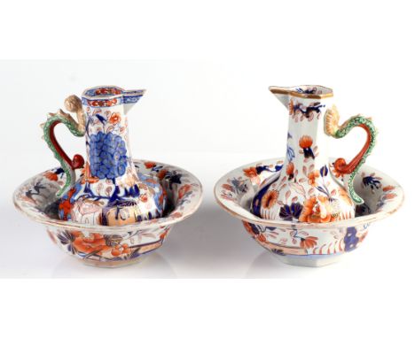 Two 19th century Masons Ironstone jugs and basin sets, impressed mark to the underside, the jugs 17cms high, bowls 21cms diam