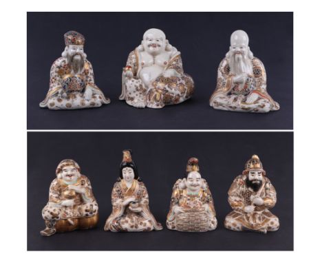 A rare and fine group of Imperial Japanese Satsuma figures, the Seven Lucky Gods, Bishamon, Daikoku, Ebisu, Fukurokujo, Juroj