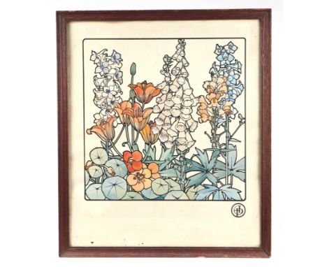 An Arts & Crafts coloured print depicting Lupins and other flowers, monogrammed 'AP' lower right, 44 by 52cms, framed & glaze