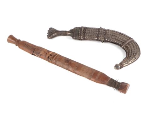 A late 19th century Indian Jambiya dagger with white metal handle and white metal and leather scabbard, approx 30cms long; to