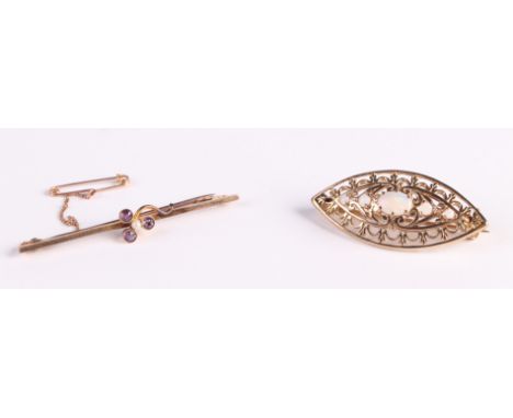 A 9ct gold opal set brooch; together with a 9ct gold amethyst and pearl bar brooch, 5.3g.