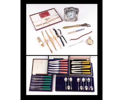 A modern silver strut watch frame, fashion watches, brass postal scale weights, three sets of butter knives, cased, a part se