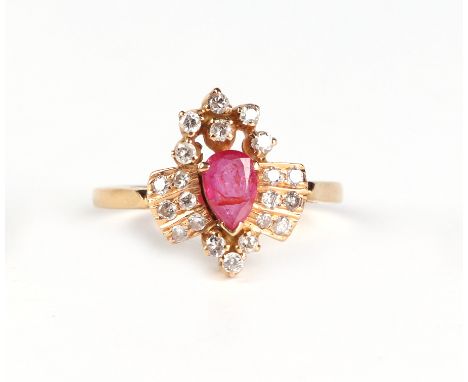 A yellow metal diamond and ruby ring, approx UK size 'M', 2.9g.