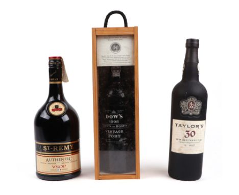 A mixed lot of wines and spirits to include Taylors 30 Year Old Tawney Port, no. 40927; a bottle of Dow's 1998 Vintage Port; 