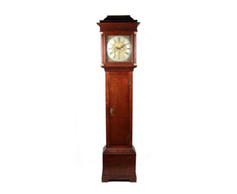 A longcase clock with 30cm square brass dial and silvered chapter ring with Roman and Arabic numerals, with date aperture, si