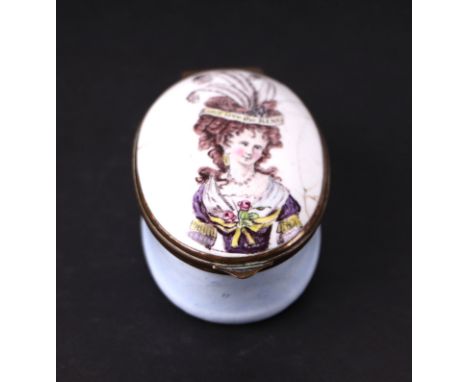 A late 18th Century Bilston enamel lidded patch box decorated with a portrait of a courtesan wearing a plumed headdress with 