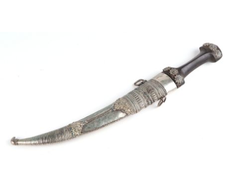 A Persian Khanjar dagger with steel double fuller curved blade, jewelled with metal scabbard and horn handle, approx 42cms lo