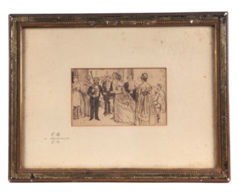 Charles Keene (1823-1891), A bagpiper at a ball, pen and ink, C. K. stamped lower right corner, framed and glazed, 18cm by 10