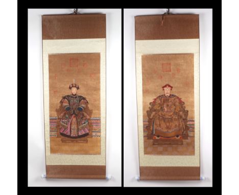 A pair of Chinese ancestral portrait scroll paintings, each 44cm by 84cm (2) 