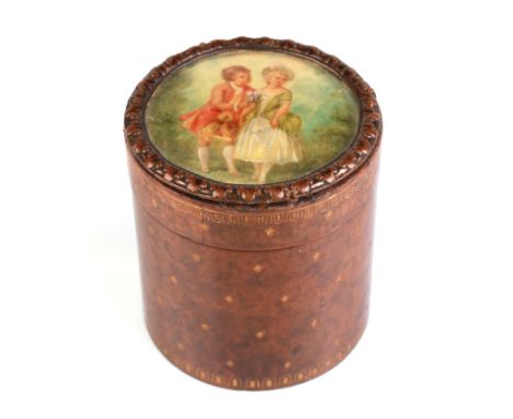 An Adolf Rosenfeld turned treen leather covered box an cover, the top decorated with a portrait miniature depicting a romanti
